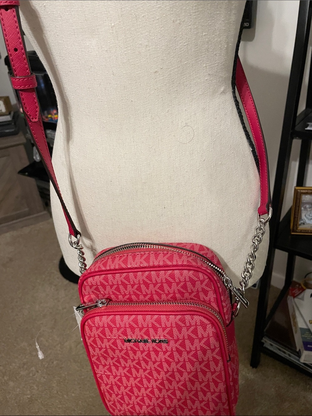 Michael Kors Hot Pink Monogram Crossbody with Chain Strap - Picture 3 of 4